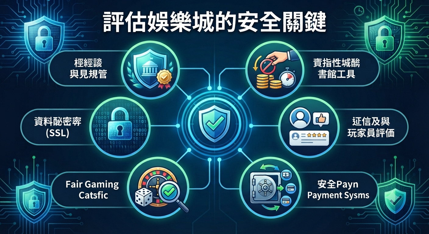 這張圖片的主題是「評估娛樂城的安全關鍵」，畫面以科技藍色調為主，並搭配各種資安防護與遊戲監管的圖標。 整體設計強調了線上娛樂平台在資料加密、合法牌照以及金流安全上的核心評估要素。