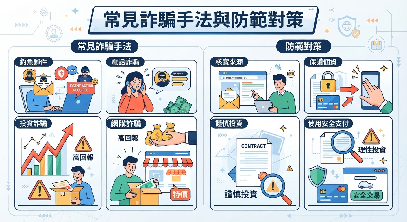 這是一張資訊圖表，主題為「常見詐騙手法與防範對策」。 內容分為左右兩側，分別圖解詐騙手法及對應的安全防範方法。