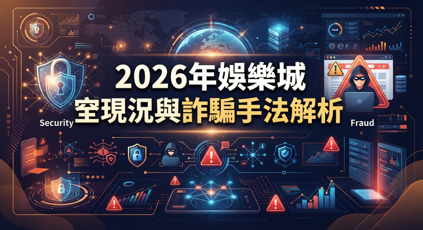 圖片以科技風格呈現,展示了2026年娛樂城安全現況與詐騙手法解析的主題。 畫面中結合了防護鎖、警告標誌以及數據圖表等資安元素。
